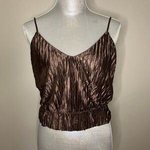 Zara Womens Brown Satin Crinkle Peplum Crop Top Size M Stappy V-Neck Cotton